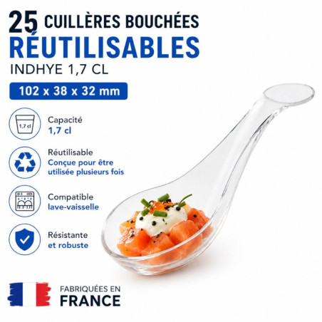 50 Spoons Bouchées Indhye 1,7 cl de 102 x 38 x Ht. 32 mm Reusable, Recyclable 100% French - Transparent - D-Work