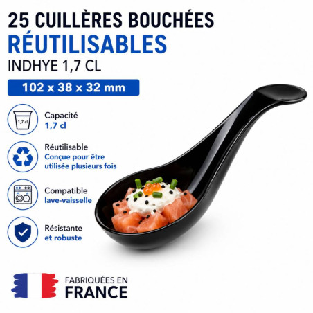 25 Cuillères Bouchées Réutilisables Indhye 1,7 cl - 102 x 38 x 32 mm - Noir - Fabriquées en France - D-Work
